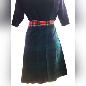 Plaid A-Line Skirt with Red Tartan Waistband